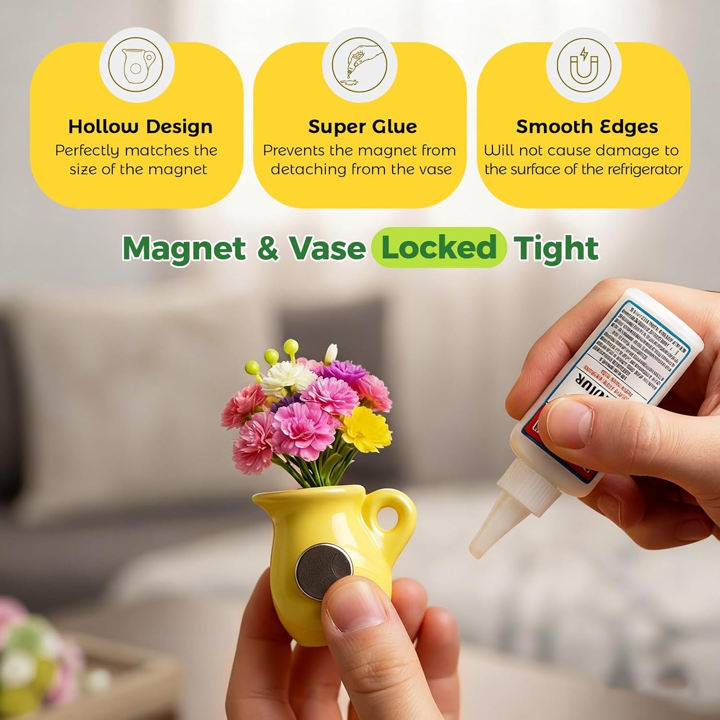 Refrigerator Magnets - Cute Mini Ceramic Vase Fridge Magnets with Artificial Flowers